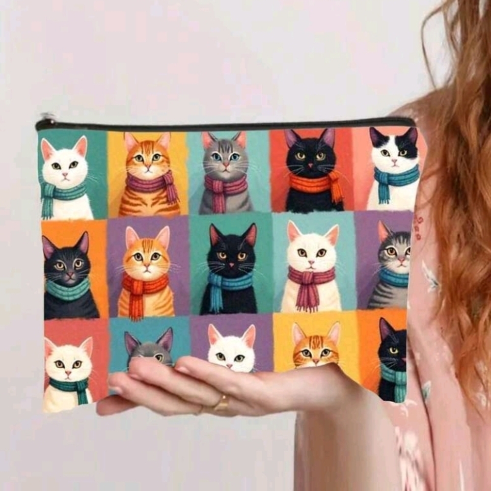 Colorful Cat Print Colorblock Canvas Travel Pouch Zipper Cat Lover Purse